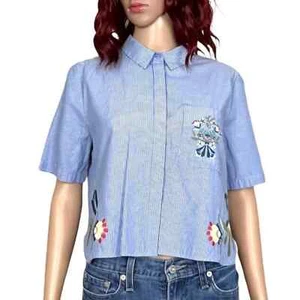 Zara Damen-Oberteil mit Blumenmuster bestickt mit Knopfleiste groß, blau weiß Herrenbekleidung - Bild 1 von 10