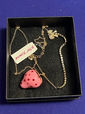 Betsey Johnson Pink Strawberry With Red Rhinestone Long Chain Necklace NEW - Image 1 of 4