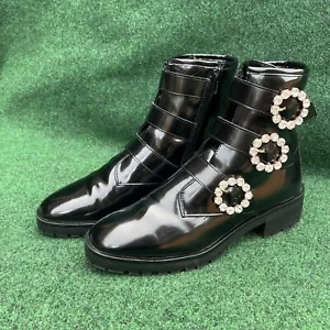 Nanette Lepore Iggy Black Patent Jeweled Buckle Boots Sz 8 - Picture 1 of 7