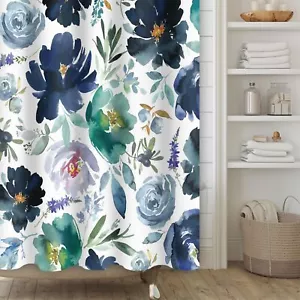 Dark Blue Flower Shower CurtainNavy Blue Floral Shower Curtain Set for Bathro... - Picture 1 of 8
