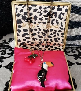 Vintage Betsey Johnson Rio Black Toucan Bird Red Cherries Crystal Layer Necklace - Picture 1 of 9