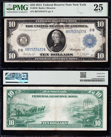 VERY NICE Bold & Crisp VF+ 1914 $10 NEW YORK Federal Reserve Note! PMG 25! 33437 Cover