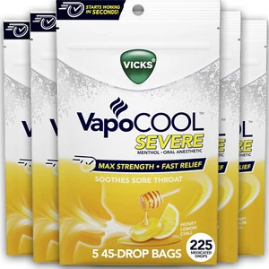 NEW Vicks VapoCOOL SEVERE Sore Throat Drops, Honey Lemon, 225 Ct (5 x 45 Ct) - Picture 1 of 5