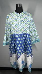 Mary Marshmellow Tunic Dress M/L Blue Green Floral Block Print Cotton Vacation - Picture 1 of 16