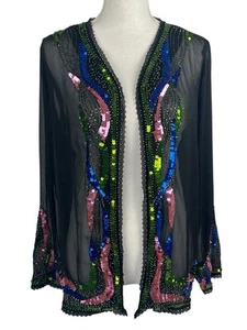 Midnight Velvet Women Size L Chiffon Jacket Sheer Patterns boho Sequins detail - Picture 1 of 21