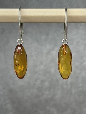 Drop BALTIC AMBER Earrings with Sterling Silver.FACETED Cognac Amber Earrings. - Image 1 of 4