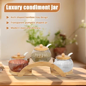 7.5 Ounces Condiment Jar with Bamboo Lids and Ceramic Spoons 10 Pieces jeGgb - Picture 1 of 12