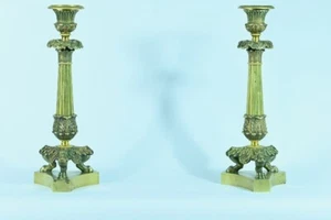 Antique Pair of Empire Claw-Foot Gilt Bronze Candlesticks 1820s Candelabra Rare - Picture 1 of 10