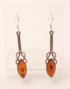 Gorgeous Real Baltic Amber Long Celtic Drop Earrings 925 Solid Silver #19815 - Picture 1 of 17