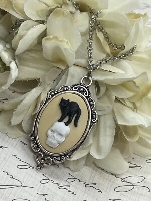 Collar camafeo de regalo de cumpleaños joyería de boda corazón calavera gótico gato plata negro Foto 1 de 4