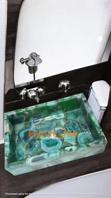 15"x13"x5" Green Agate Stone Bathroom & Kitchen Sink Handmade Washbasin Decors - Image 1 of 4