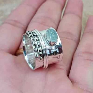 Aquamarine 925 Sterling Silver Band& Meditation Spinner Handmade All Size-U-26 - Picture 1 of 12