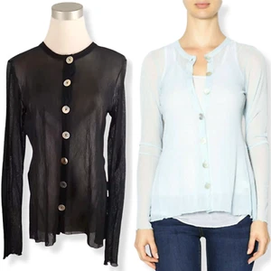 PETE L Sheer Black Stretch Mesh Godet Back Cardigan Button-Up Top NWT - Picture 1 of 10