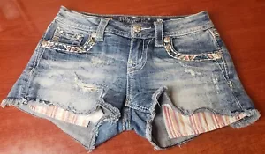 Miss Me Denim Signature Shorts SZ 26 Blue Thick Stitch Colorful Pocket - Picture 1 of 5