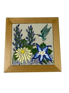 Vtg Framed Arts Crafts Style Art Pottery Tile Wild Flowers Hummingbird Trivet 8" - Picture 1 of 5