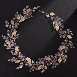 Bride Pink Crystal Hair Vine Headband Gold Leaves Rhinestone Headpiece Bridal... - Picture 1 of 5