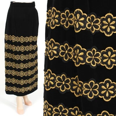 M L Vintage 1960s Black Velvet Embroidered Gold Sheer Inlay Long Maxi Skirt 60s - Image 1 of 4