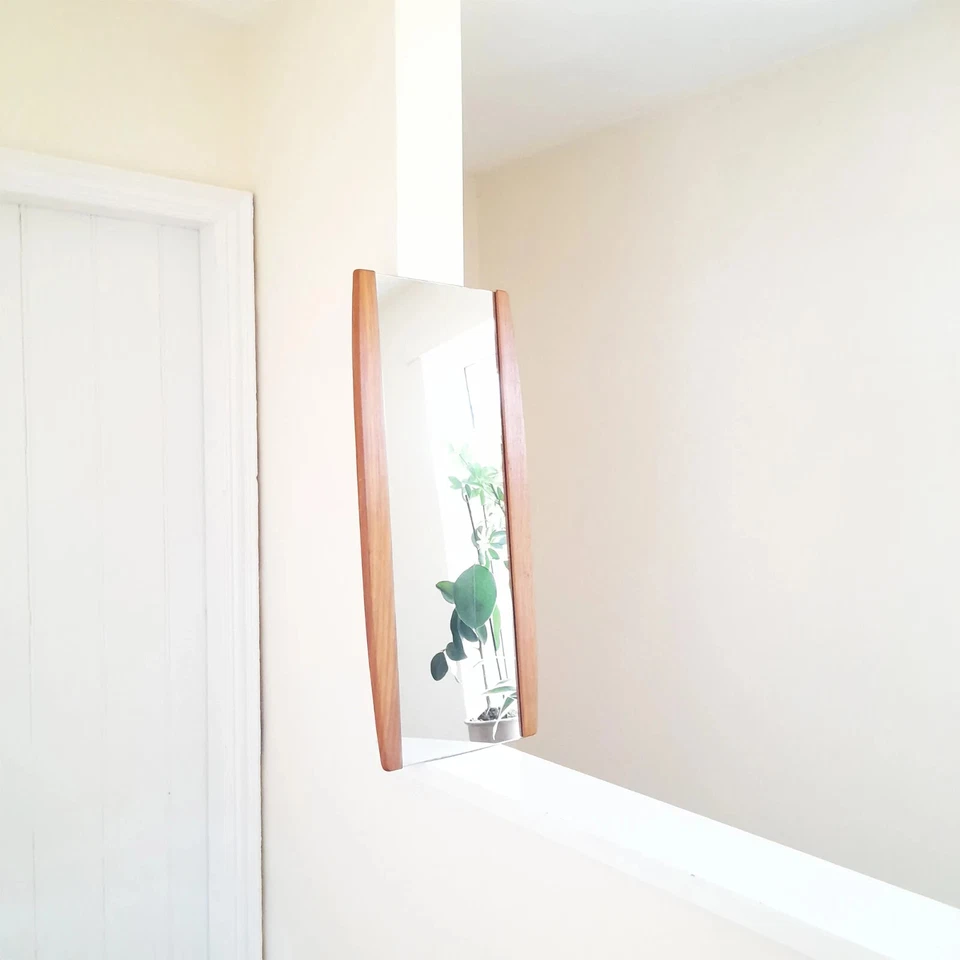 70s Vintage Teak Framed Wall Mirror Portrait or Landscape Danish Scandi 31 x 14" - Image 1 of 4