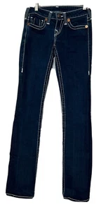 True Religion Womens Blue Jeans 26 Low Rise Y2K Straight Dark Wash Thick Stitch - Picture 1 of 12