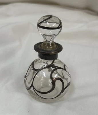 Antique Glass Perfume Bottle Sterling Silver Overlay Art Nouveau Vintage Decor - Image 1 of 4