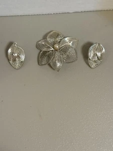 Vintage Silber gesponnen Draht gewickelt filigran Blumen Brosche & Clip auf Ohrringe (Deutschland) - Bild 1 von 9