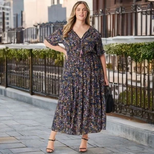 Jessica Simpson Phoebe Blumen Maxikleid A-Linie Kurzarm V-Ausschnitt Plus 3X - Bild 1 von 9