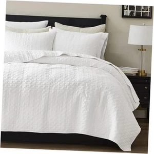 White 100% Cotton Quilt Twin Size Bedding Sets with 1 Pillow Sham, Textured - Picture 1 of 8