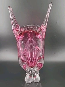 Czechoslovakian Chribska Glass "Cats Head" Vase by Josef Hospodka Cranberry Pink - Picture 1 of 7