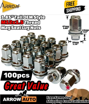 100件装丰田原始设备制造商工厂Mag Lug Nut 12x1.5铬制塔科马TRD 4Runner 1.85英寸高 — 第 1/4 张图片
