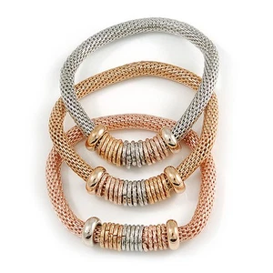 Set di 3 Bracciali Flessibili a Rete Spessa con Anelli Lucidi/Testurizzati in Oro/ - Foto 1 di 6
