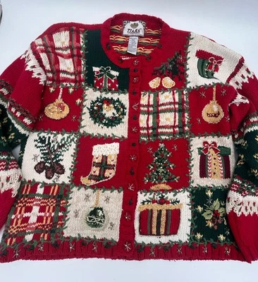 Винтажный Tiara International вязаный свитер кардиган бабушка рождественский венок дерево S - Изображение 1 из 4