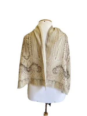 H31#Etro Italy Wool Silk Scarf Beige Pink Paisley Shawl Wrap 70% Wool 30% Silk - Image 1 of 4