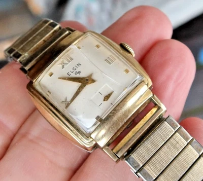RARE Vintage Elgin Wind Up Watch Wristwatch Men's Square Gold Filled Working NR - Image 1 of 4