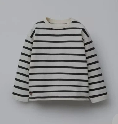 Zara Heavyweight Striped Embroidered T-shirt Black/White Size 6 years - Image 1 of 4