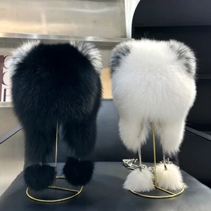 Damen 100% Echt Fuchspelz Mütze Winter Warm Beanie Elastisch Outdoor Ski Ohrlappen Mütze - Bild 1 von 14