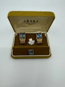 Vintage Swank March Aquamarine Blue Gold Tone Cufflinks & Tie Pin Set in Box - Picture 1 of 12