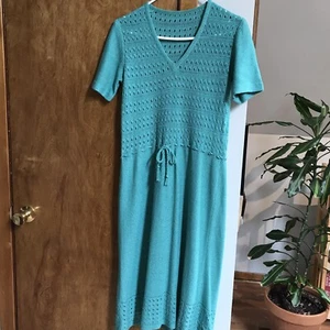 Vintage Hand Crocheted Long Dress Short Sleeve Handmade Blue / Teal Knit Retro - Picture 1 of 8