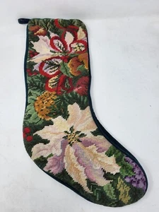 Handmade Needlepoint Wool Green Christmas Stocking Poinsettia 19" - Picture 1 of 2