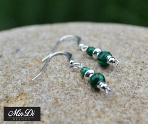 Sterling Silver & Malachite Beaded Earrrings. Handmade - Picture 1 of 4