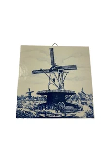 VTG Delft Blue Windmill Tile Hanging 6”x6” Blue White Holland Hand Painted - Picture 1 of 5