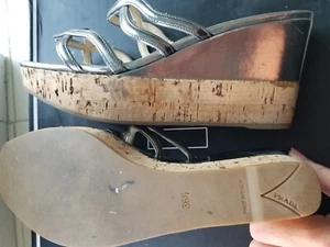 Prada Silver Leather Cork Wedge Crossover Sandals Slides - Picture 1 of 5