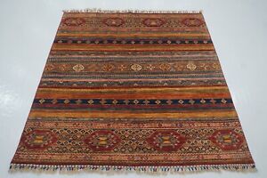 5 x 5 ft Red Khorjin Afghan Hand Knotted Wool Tribal Small Square Area Rug