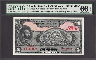 Ethiopia 5 Dollars SPECIMEN ND (1945) Pick-13s GEM UNC PMG 66 EPQ - Image 1 of 2