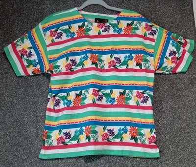 Camisa Lizsport Vintage Mujer Grande Floral Rayas Manga Corta Años 90 Resort Playa Foto 1 de 4