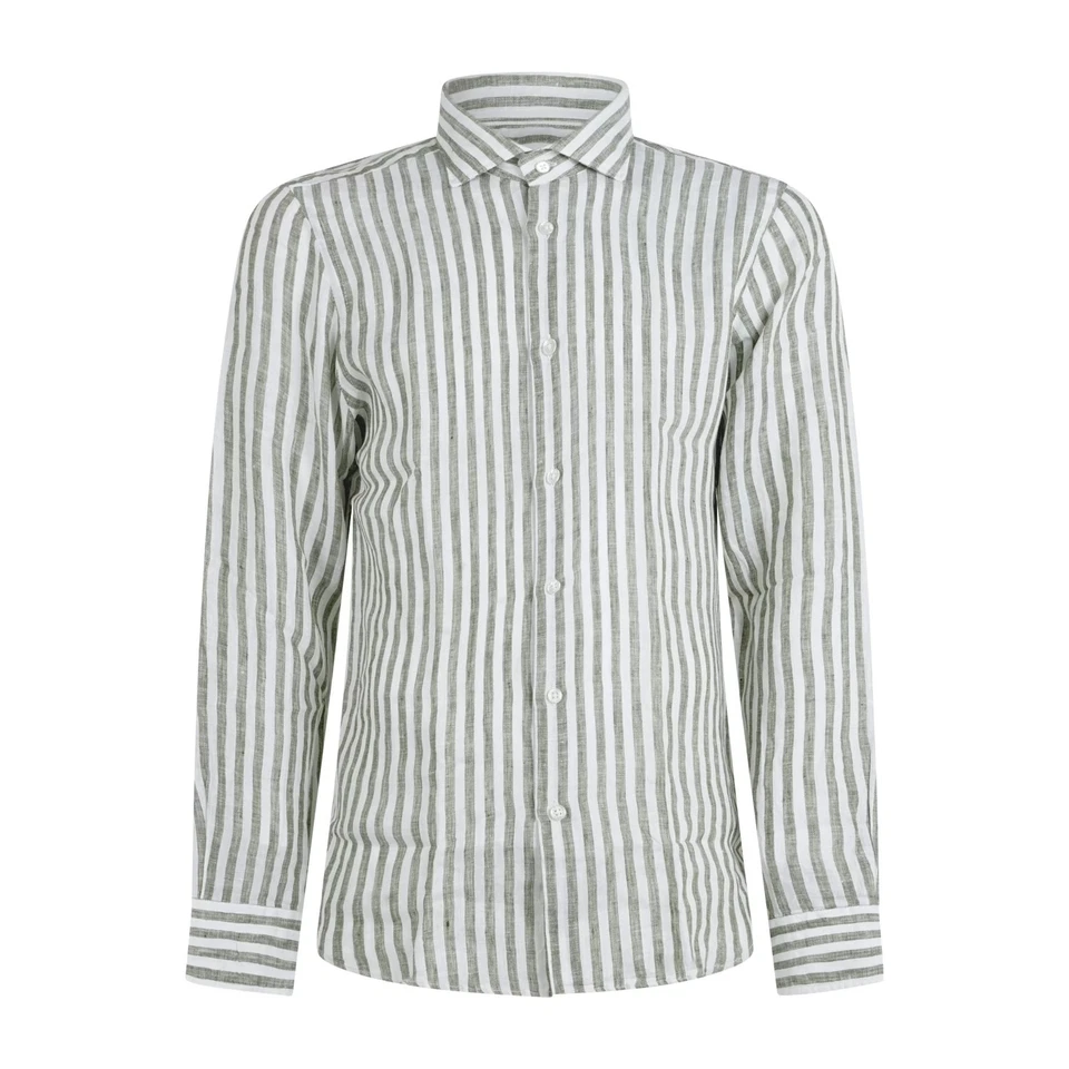 Lavorazione Sartoriale - Camicia bianca a righe verde in lino slim fit per uomo - Immagine 1 di 1