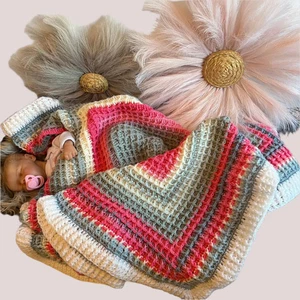Babydecke - 36 "x36" Handarbeit gehäkelt Waffelstich - rosa, weiß und - Bild 1 von 10