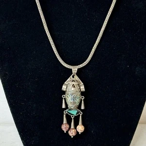 Collana Vintage 925 Sterling Colore Turchese Pietra Guerriero Ciondolo Messico Taxco - Foto 1 di 14