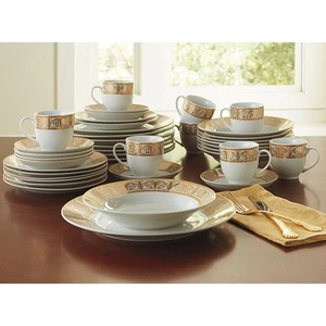 BrylaneHome Medici 40-Pc. Golden Porcelain Dinnerware Set - Gold White - Picture 1 of 3