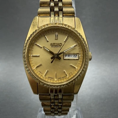 Seiko Watch Women 25mm Gold Dial Gold Tone Daydate Round 7N83-0041 New Battery - Image 1 of 4