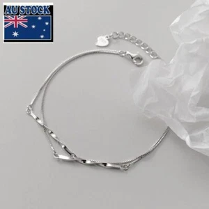 Woman Real s925 Sterling Silver Double Layers Twist Box Chain Bracelet Bangle  - Picture 1 of 6